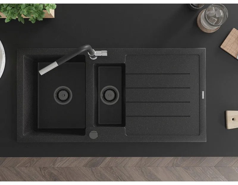 Mexen Andres, 1,5-komorový granitový drez 1000x500x200 mm a drezová batéria Flora, čierna-strieborná metalíza, 6515-73-670401-07-B