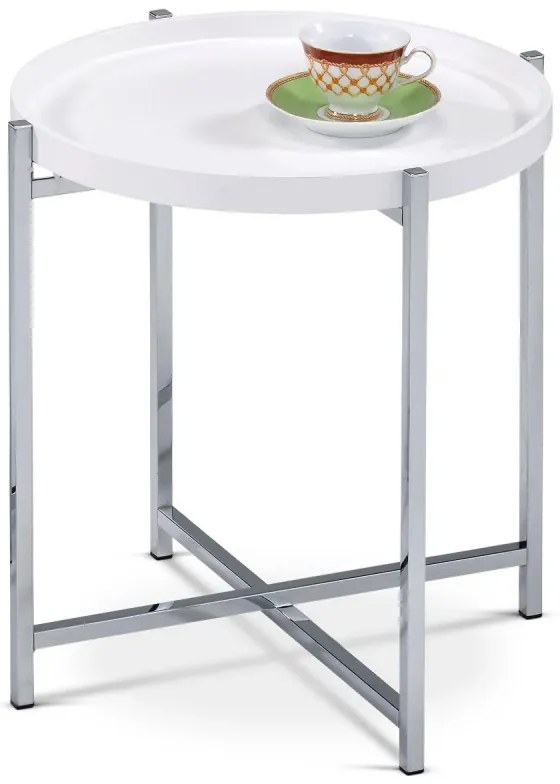 Odkládací stolek pr.50x50 cm, deska dřevo, bílý mat. lak, kovové chromované nohy