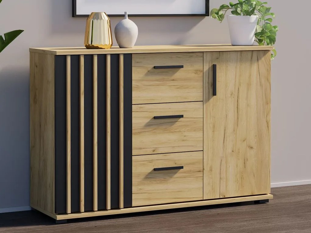 Komoda 120 cm, farba dub craft so zásuvkami a úchytkami