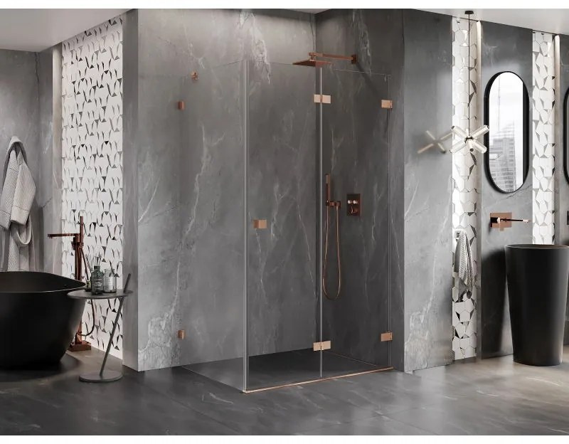 Mexen Lunar-F, 1-krídlový sprchový kút so skladacími dverami, pravý, 95 x 90 cm, 8mm číre sklo, medený profil, 836-095-090-65-00-P