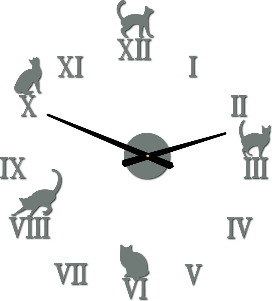 Nalepovacie hodiny na stenu mačky - DIY CAFORD: Čierna Ral 9005 Čierne ručičky 80 cm 3707-33361 12P020 2D CLOCK HEU-