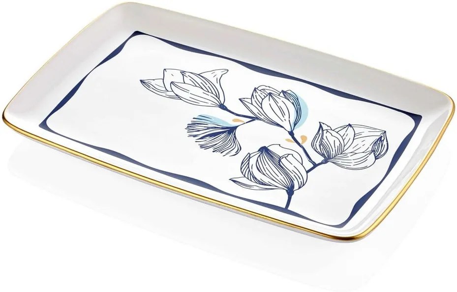 Biely porcelánový servírovací tanier s modrými kvetmi Mia Bleu, 34 x 25 cm