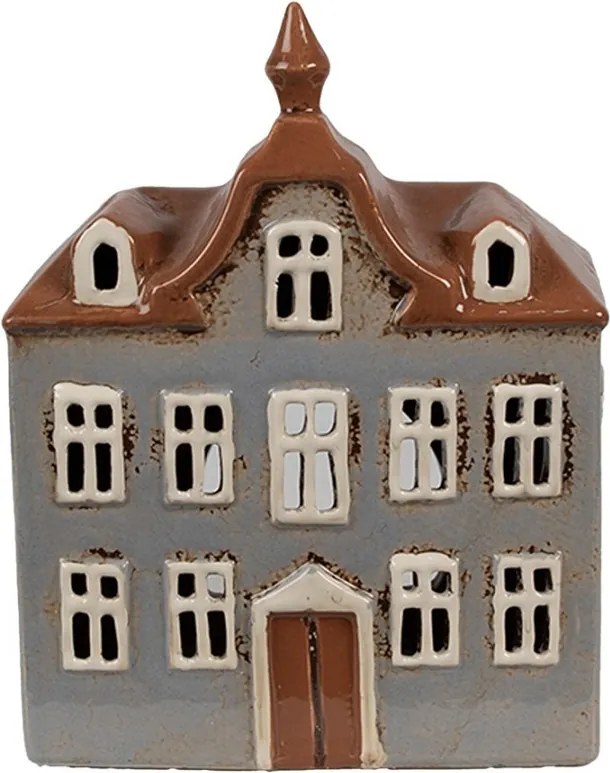 Šedý keramický svietnik na čajovú sviečku domček Amster Village - 16*9*20 cm