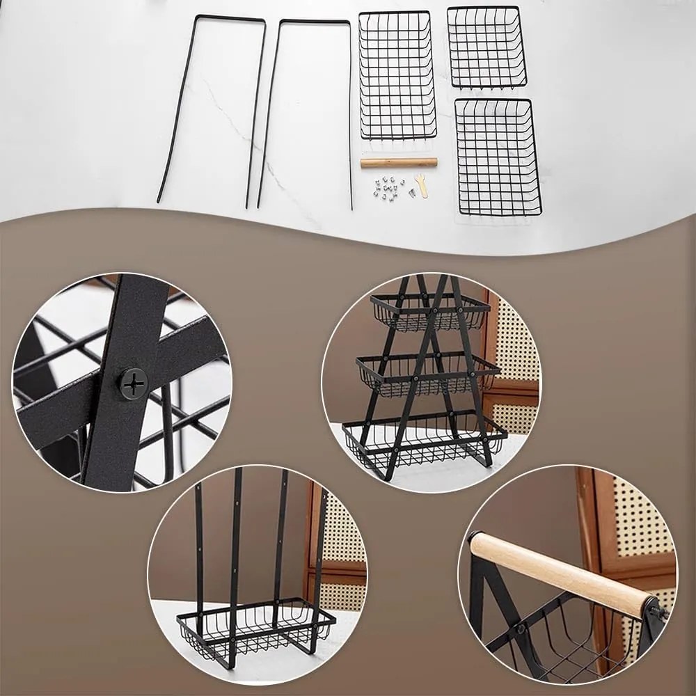 Kovový košík na ovocie PULOS - 3poschodový - čierny