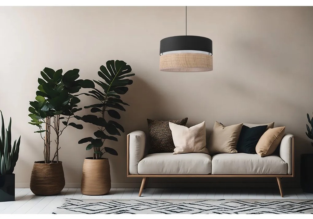 Závesné svietidlo Rattan, 1x ratanové/čierne textilné tienidlo, (fi 45cm)