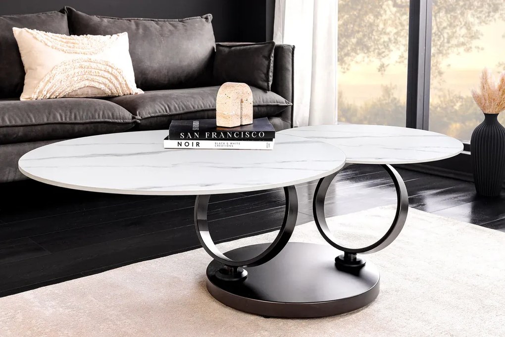 Konferenčný stolík DANCING RINGS 80-135 cm otočný keramický vrch s bielym mramorovým vzhľadom