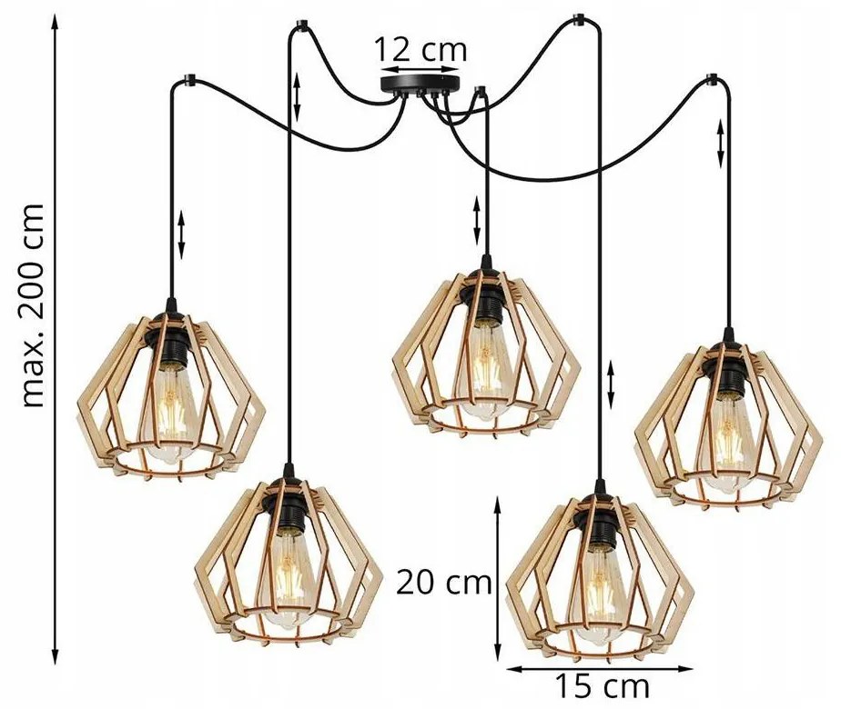 Závesné svietidlo Timber spider, 5x drevené tienidlo