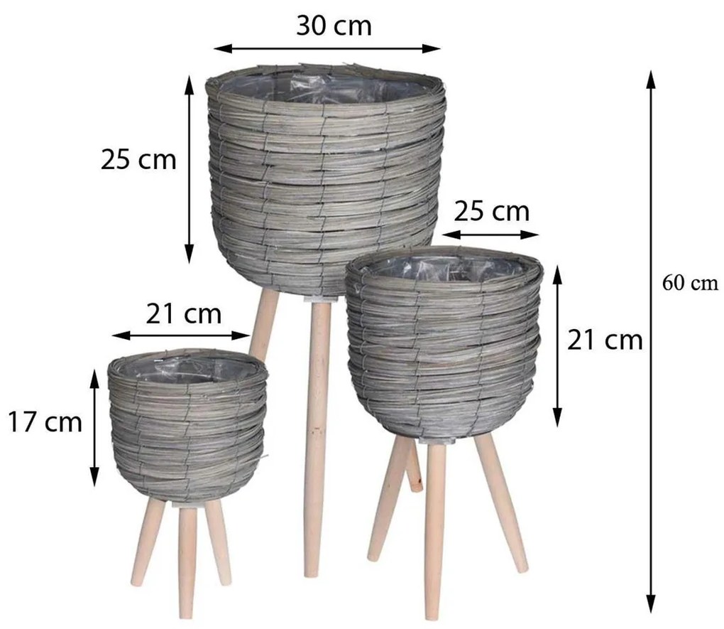 KVETINÁČ Z MORSKEJ TRÁVY GRAS SADA 3KS 60X30 CM+45X25 CM+33X21 CM SIVÁ