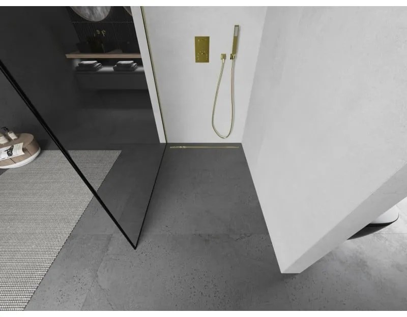 Mexen Kioto L, sprchová zástena Walk-In 50 x 200 cm, 8mm číre sklo čierny vzor, zlatý lesklý profil,800-050-103-50-70