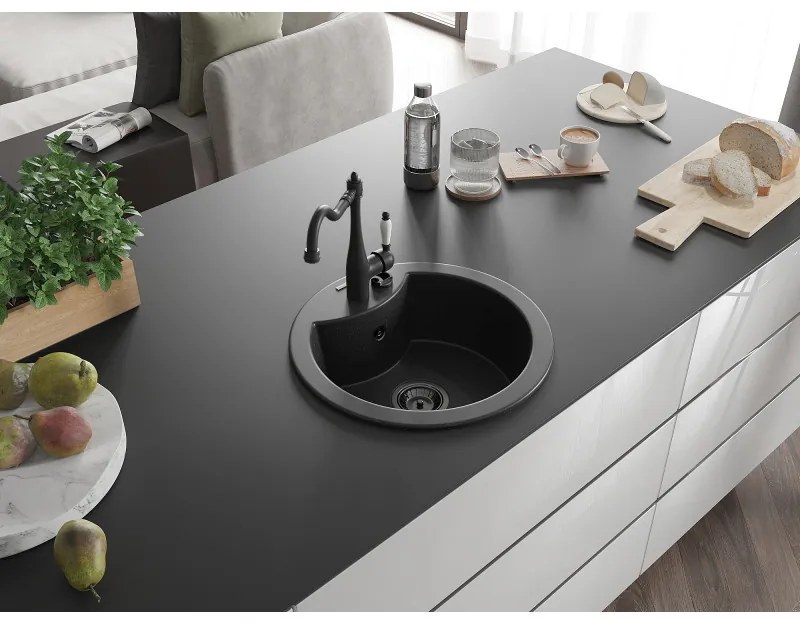 Mexen Diego, granitový drez 488x488x167 mm, 1-komorový a drezová batéria Carla, čierna-strieborná metalíza, 6512-73-670700-70-B