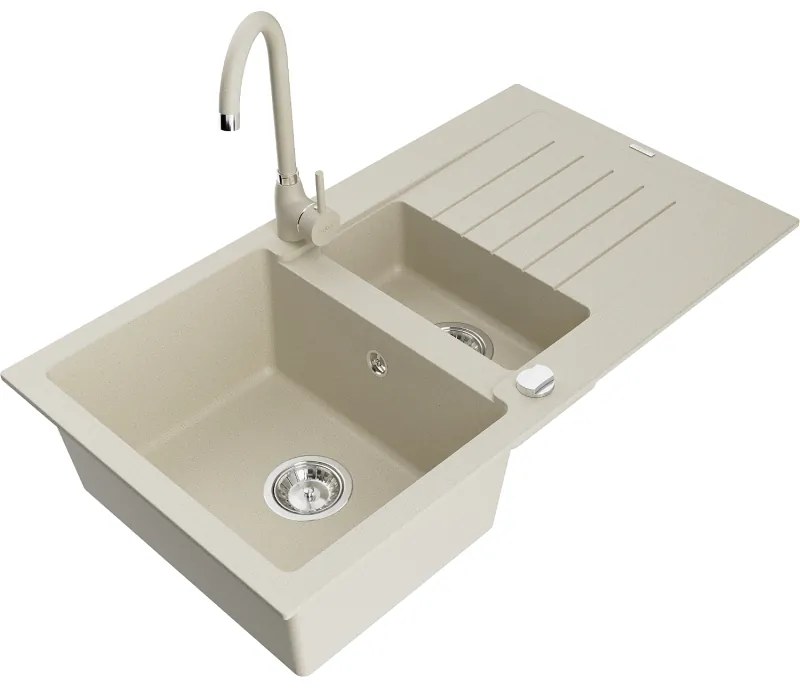 Mexen Matias, 1,5-komorový granitový drez s odkvapkávačom 90x50 cm a kuchynskou batériou Telma, béžová, 6502-69-670200-69