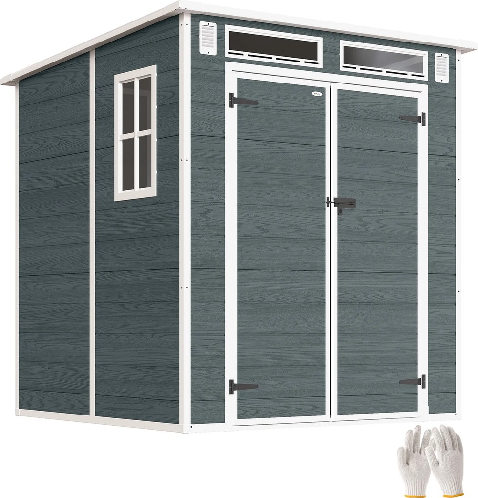 Outsunny 6 x 6 ft Wood-Effect Plastic Garden Shed with Floor, Three Windows, Lockable Doors & Vents, Gray | Aosom