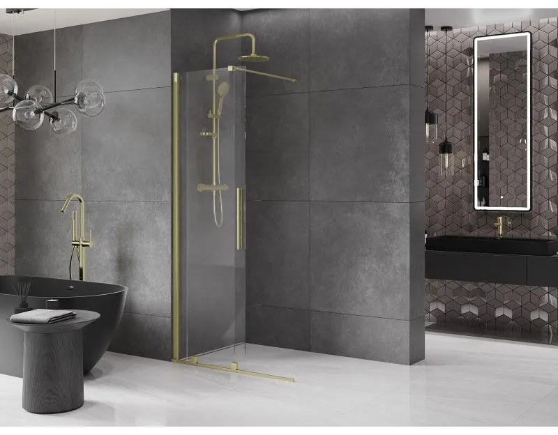 Mexen Velar, posuvné dvere do otvoru typ Walk-In 90 cm, 8mm číre sklo, zlatá matná, 871-090-000-03-55