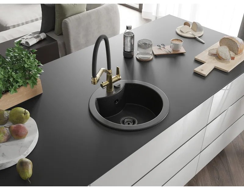 Mexen Diego, 1-komorový granitový drez 488x488x167 mm a drezová batéria Duo, čierna-strieborná metalíza, 6512-73-671701-57-B