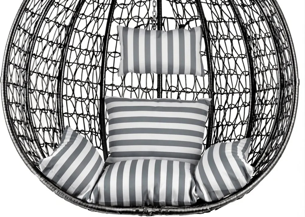 Čierne závesné kreslo KOKON so stojanom, bielo-sivý vankúš