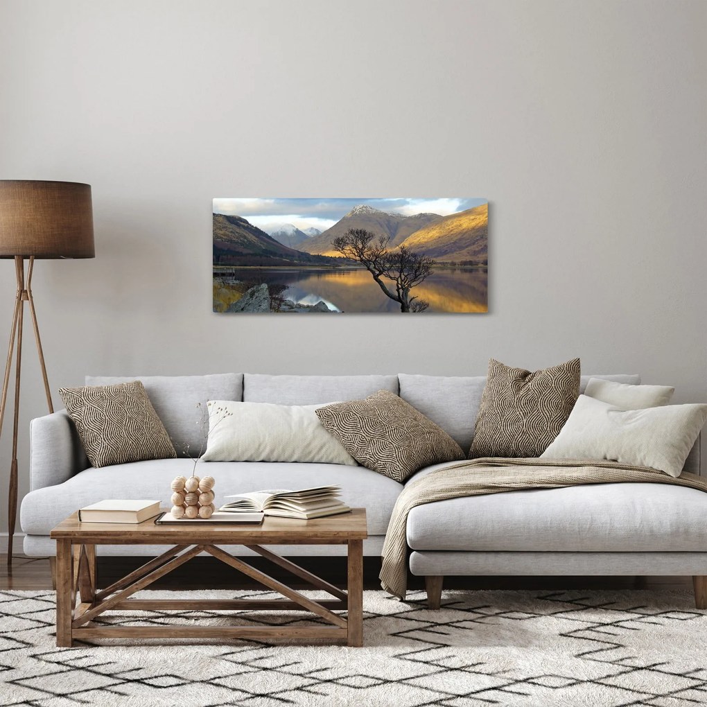 Obraz - Hory pri jazere (120x50 cm)