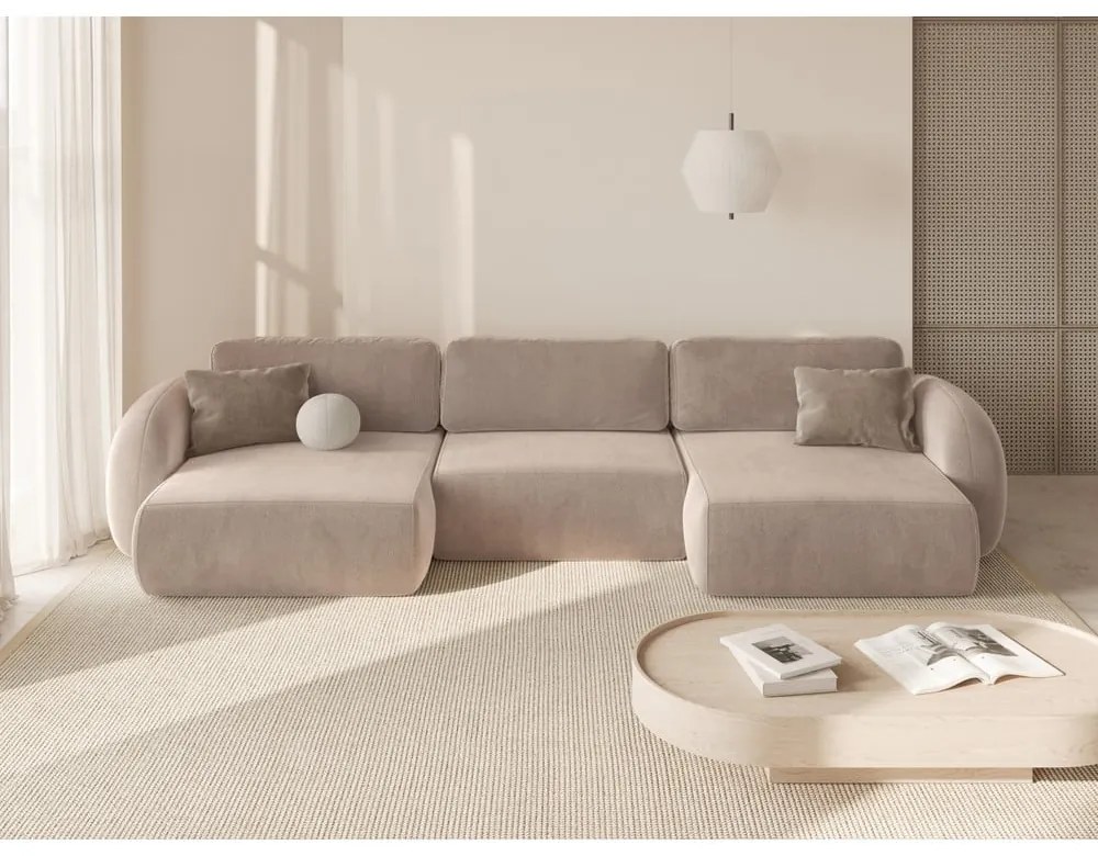 Béžová zamatová rozkladacia/s úložným priestorom rohová pohovka (do tvaru "U") Tonale – Cosmopolitan Design