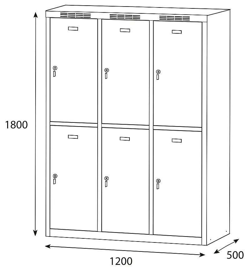 Alfa 3 Šatníková skrinka S6 s úložnými boxami, 6 boxov, 1800 x 1200 x 500 mm, otočný zámok, červené dvere