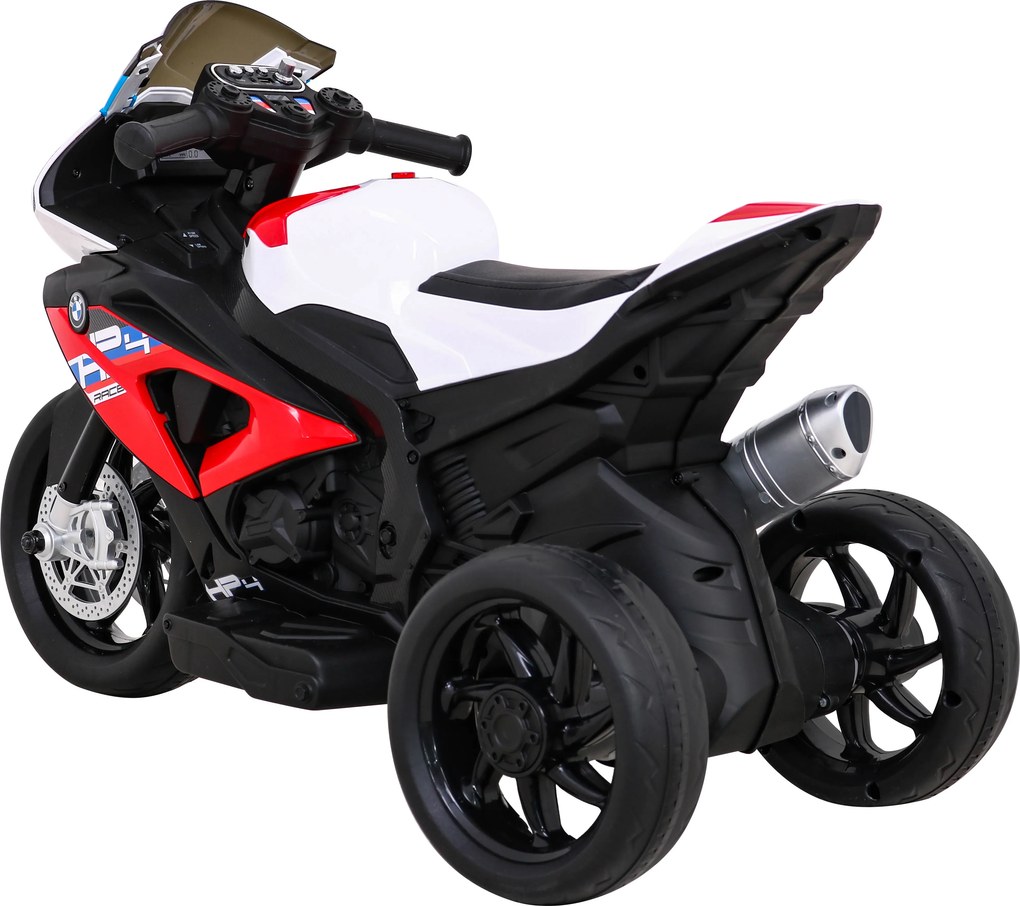 Ramiz BMW HP4 detský motocykel na batérie červený + 3 kolieska + LED + MP3 USB + ekokoža