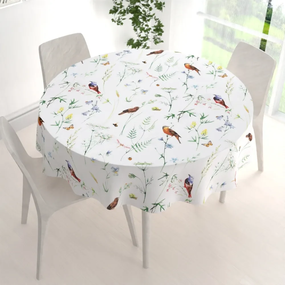 Biante Bavlnený okrúhly obrus Sandra SA-392 Lúčne kvietky s vtáčikmi Ø 130 cm