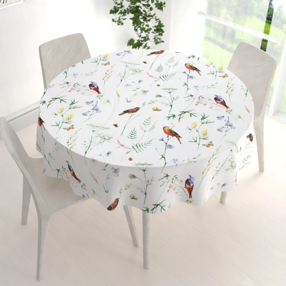 Biante Bavlnený okrúhly obrus Sandra SA-392 Lúčne kvietky s vtáčikmi Ø 80 cm