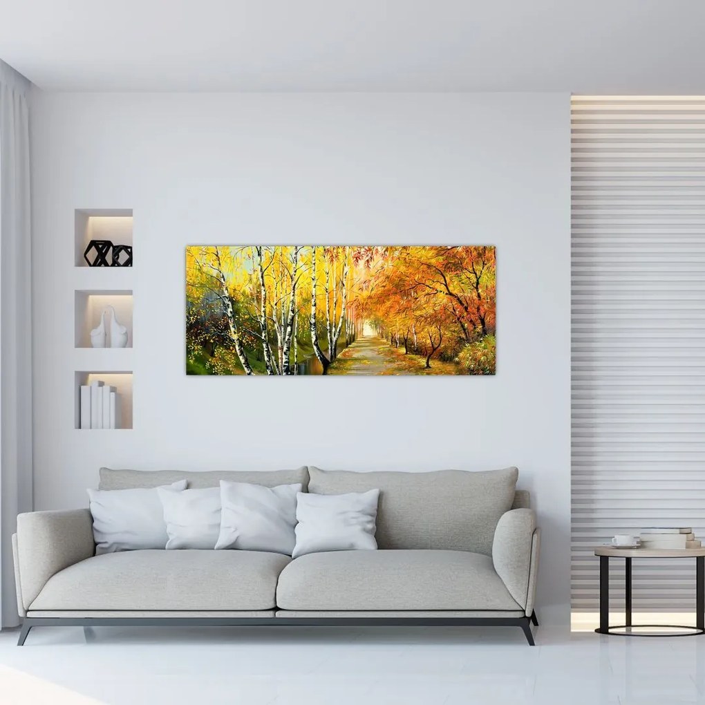 Obraz - Romantická alej pozdĺž vody, olejomaľba (120x50 cm)