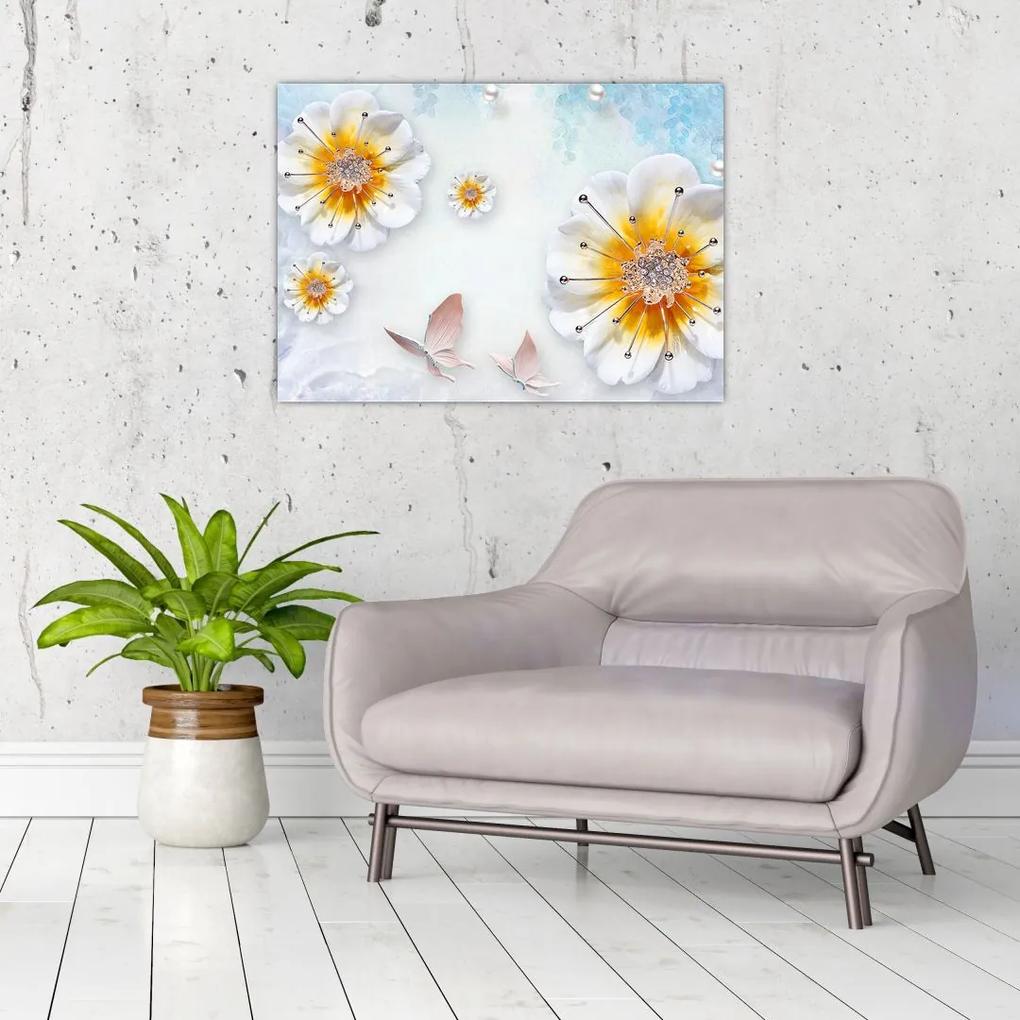 Sklenený obraz - Kompozícia s kvetmi a motýľmi (70x50 cm)