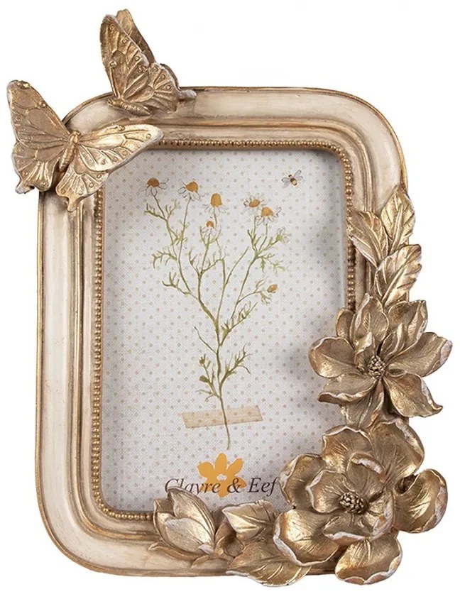 Zlatý fotorámik s kvetmi a motýlikmi - 17*3*23 cm / 10*15 cm