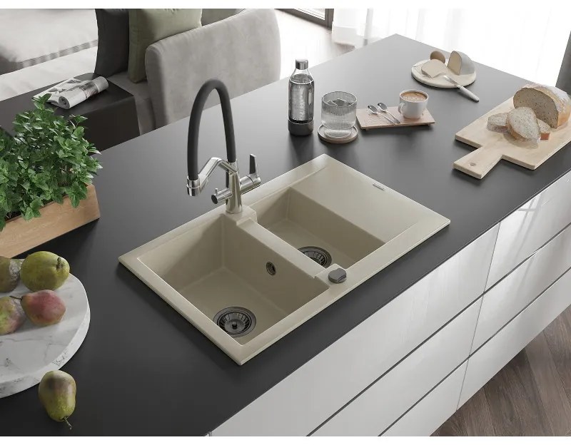 Mexen Gaspar, granitový drez 737x475x177 mm, 1,5-komorový a drezová batéria Duo, béžová, 6507-69-671701-07-B