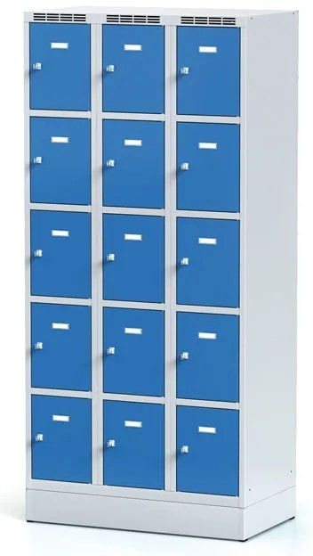 Alfa 3 Šatníková skrinka S6 na sokli s úložnými boxami, 15 boxov, 1920 x 900 x 500 mm, otočný zámok, modré dvere