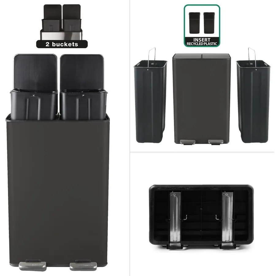 Matne čierny oceľový odpadkový kôš 2x30 l na triedený odpad/nášľapný Aliya – Spirella