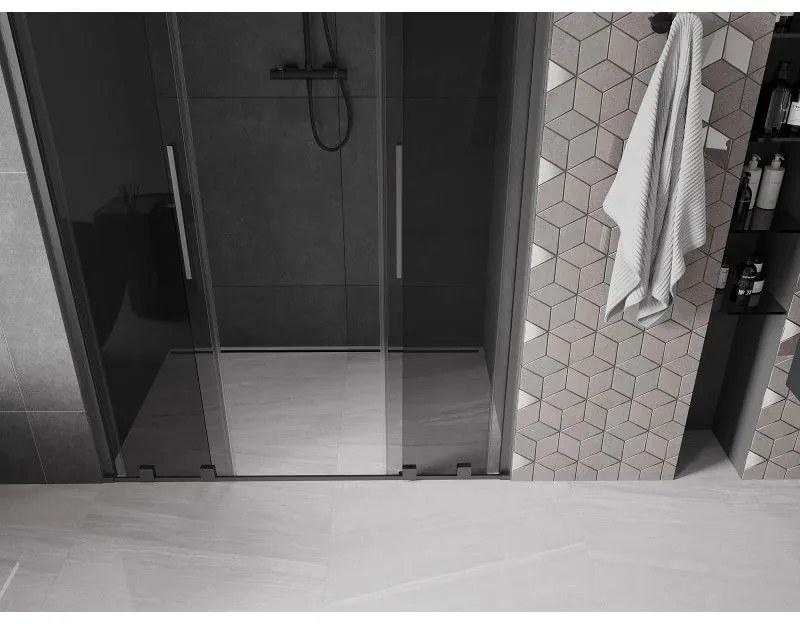 Mexen Velar L Duo, posuvné sprchové dvere do otvoru 160 cm, 8mm šedé sklo, grafit brúsený, 871-160-003-42-66