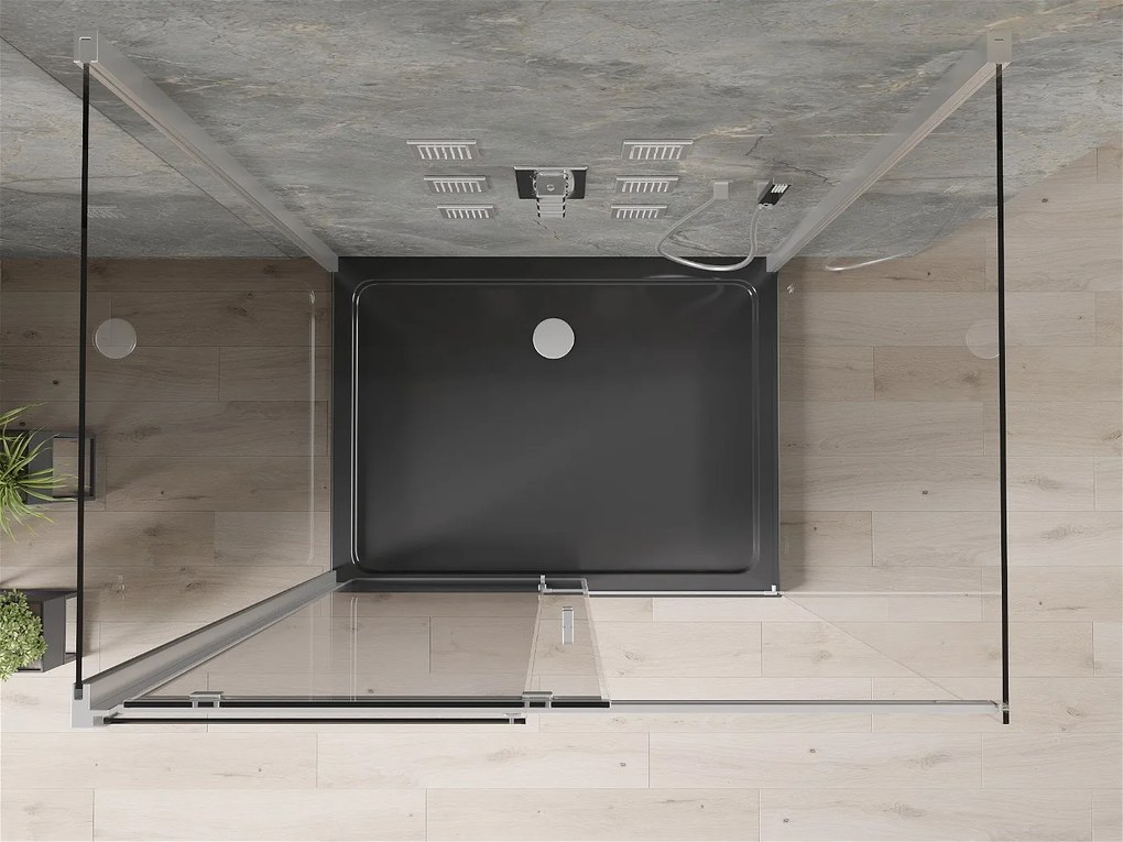 Mexen Omega, 3-stenový sprchovací kút s posuvnými dverami 130 (dvere) x 90 (stena) x 190 cm, 8mm číre sklo, chrómový profil + čierna sprchová vanička SLIM, 825-130-090-01-00-3S-4070