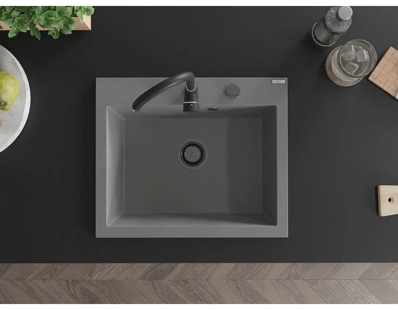Mexen Elix, 1-komorový granitový drez 600 x 500 mm, sivý, čierny sifón - 6525601005-71-B