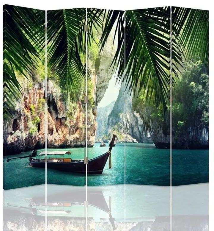 Ozdobný paraván Palmy Tropické moře - 180x170 cm, päťdielny, obojstranný paraván 360°