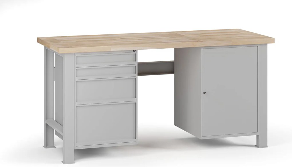 Dielenský pracovný stôl G7, buková škárovka, 1700 x 685 x 840 mm, 1x skrinka, 4 zásuvky, sivá