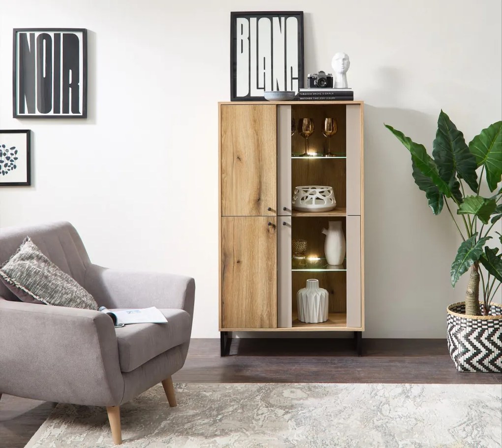 Vitrínová skrinka Cube, dub evoke / pieskovo šedá, s osvetlením