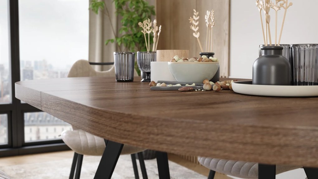 Mazzoni EXPANSO Hnedý dub / čierne nohy - OVÁLNY ROZKLADACÍ STÔL 160-360 cm PRE 16-18 OSÔB