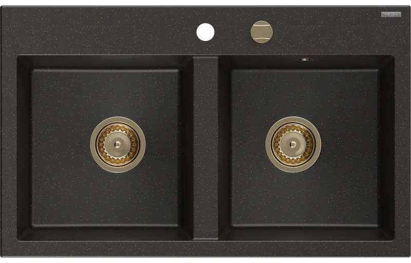 Mexen Hektor, 2-komorový granitový drez 800x480x205 mm, čierna-zlatá metalíza, zlatý sifón, 6521802000-75-G