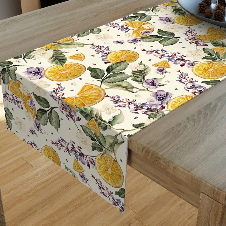 Goldea dekoračný behúň na stôl loneta - vzor pomaranče a kvety 20x160 cm