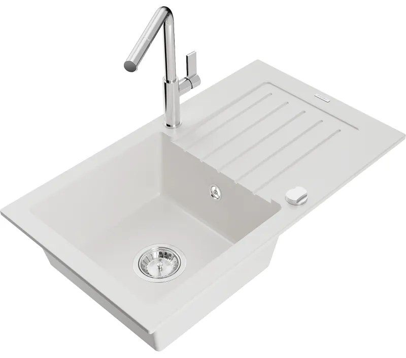Mexen Pablo, 1-komorový granitový drez 752x436x161 mm a drezová batéria Flora, biela, 6510-20-670401-00