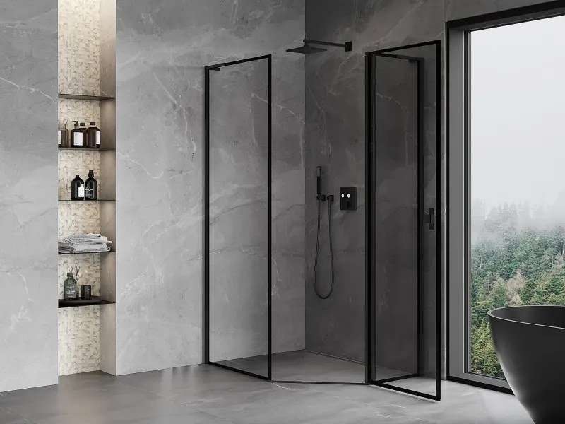 Mexen Mist L, päťuholníkový sprchový kút s krídlovými dverami, 80 x 100 cm, 8mm číre sklo, čierny profil, 8A8L-080-100-70-70-P