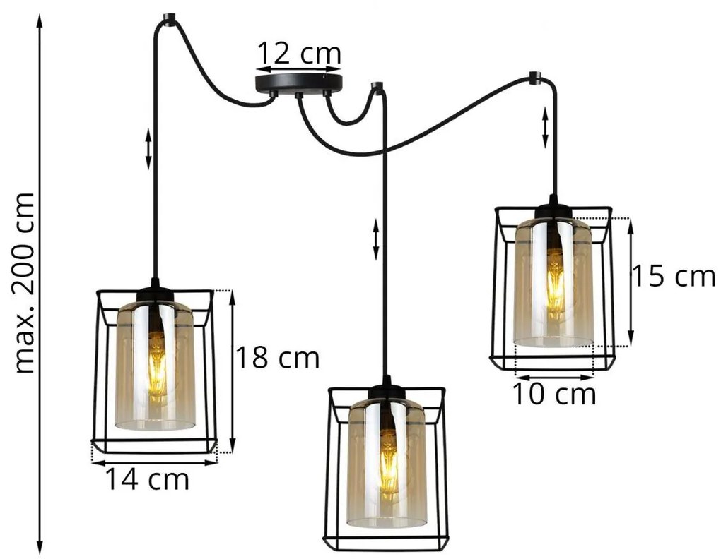 Závesné svietidlo Hella Cage Spider, 3x medové sklenené tienidlo v kovovom ráme