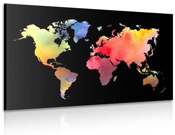 Obraz mapa sveta v akvarelovom prevedení na čiernom pozadí
