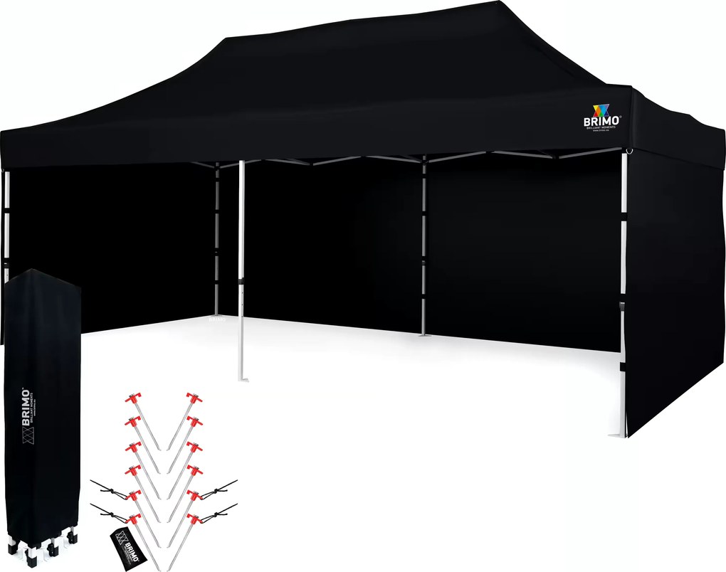 BRIMO Párty stan 3x6 m Nožnicový (3 steny) - Oceľová Konštrukcia a Plachta 330g/m² - s 3 stenami - Čierna 11