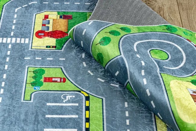 Detský koberec protišmykový BAMBINO 9028 mesto, zelený / sivý