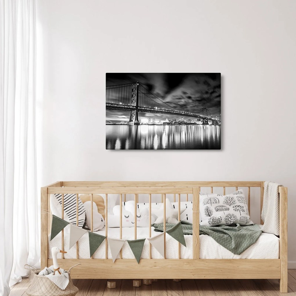 Obraz - Most Benjamina Franklina, Filadelfia, čiernobiely (90x60 cm)