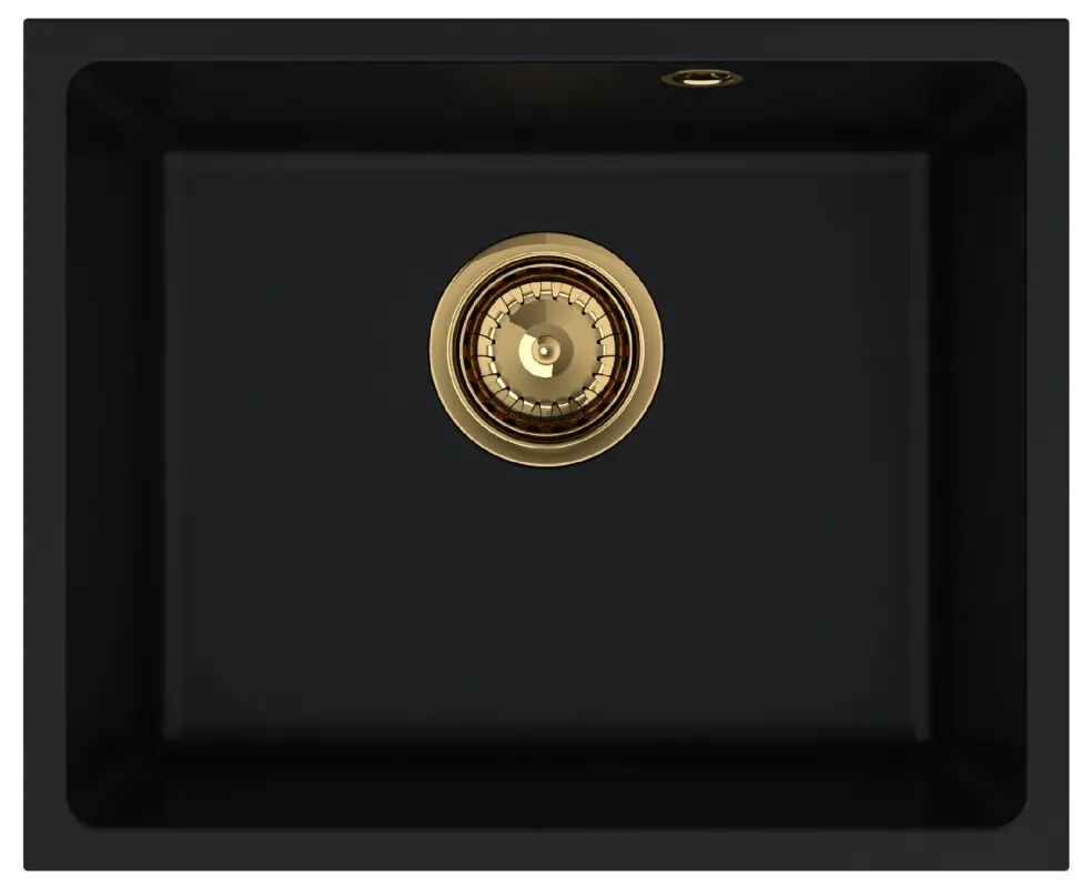 Sink Quality Crypton 55, kuchynský granitový drez 460x375x205 mm + zlatý sifón, čierna, SKQ-CRY.C.1KBO.55.XG