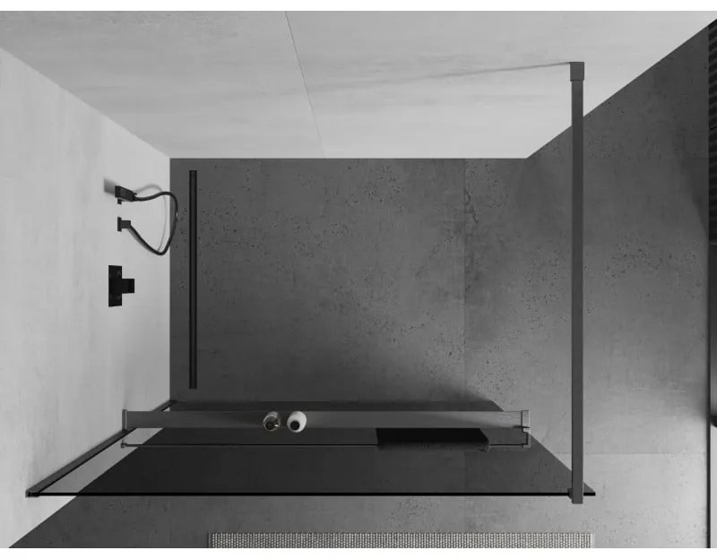 Mexen Kioto+, sprchová zástena Walk-In s poličkou a vešiakom 110 x 200 cm, 8mm šedé sklo, grafitový profil, 800-110-121-66-40