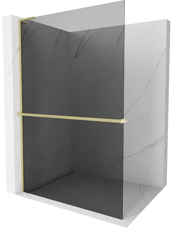 Mexen Kioto+ L, sprchová zástena Walk-In s poličkou a vešiakom 120 x 200 cm, 8mm šedé sklo, zlatý matný profil, 800-120-123-55-40